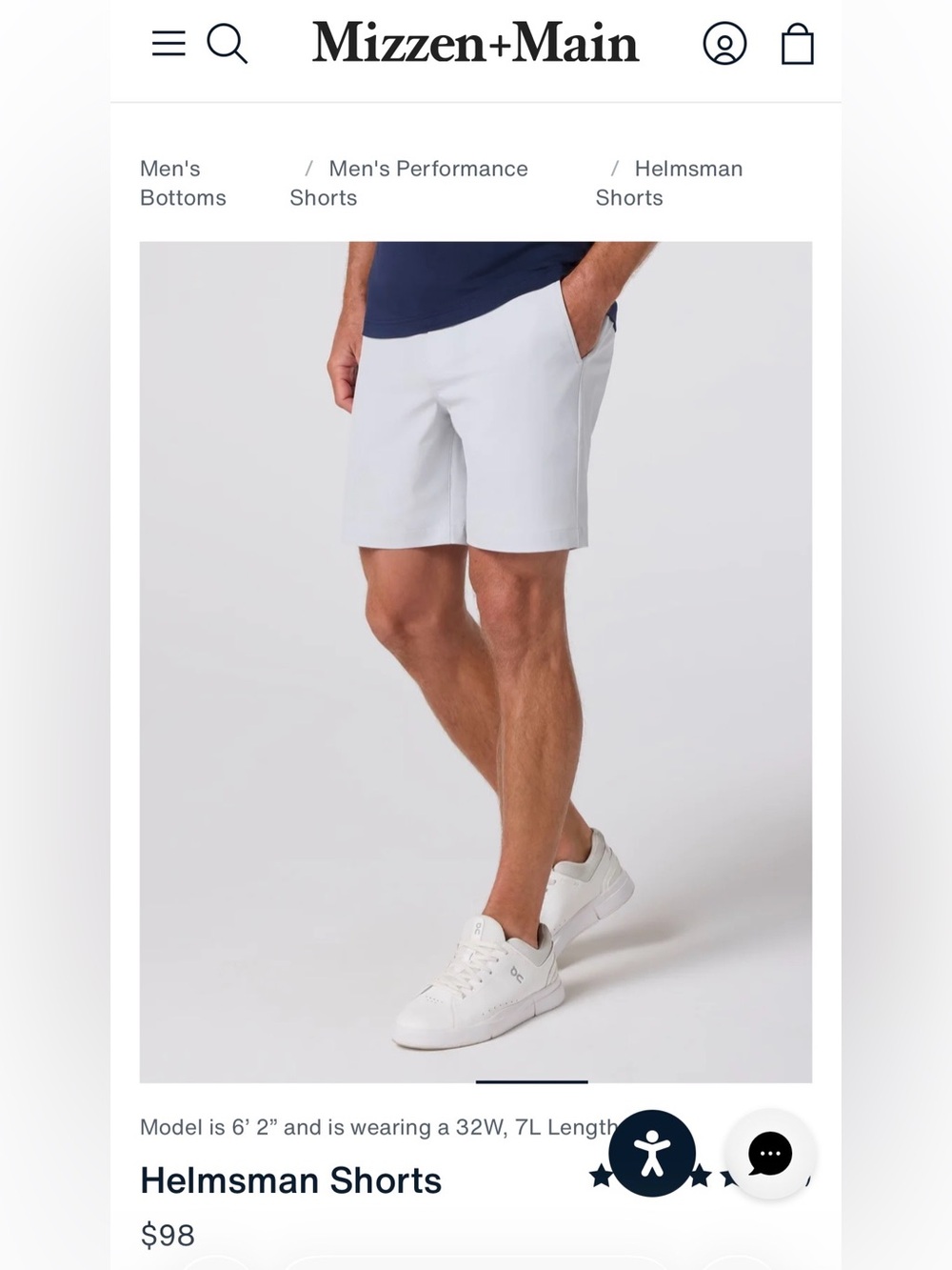 Mizzen + Main Helmsman 7” Slim Shorts | Size [33] | Like New - Light Grey color